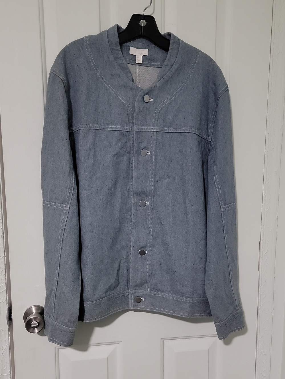 COS Light Blue Denim Baseball/ Bomber Jacket White Stitching Collarless Men L